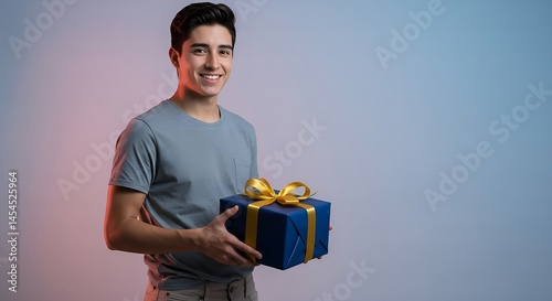 Handsome Teen Holding Blue Gift with Golden Ribbon on Gradient Background