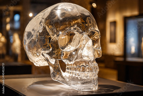Crystal skull on display in a museum