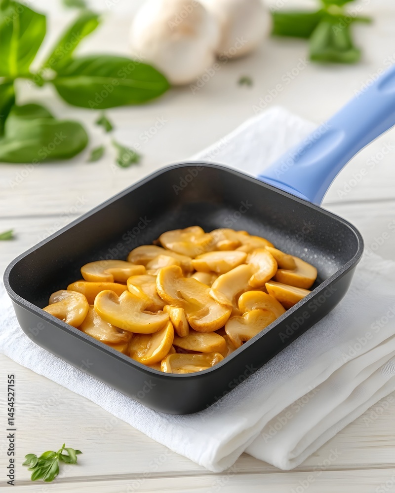 Saut?ed mushroom slices in a small, square pan, resting on a white cloth. Garnished with fresh herbs Saut?ed mushroom slices in a small, square pan, resting on a white cloth. Garnished with fresh herbs