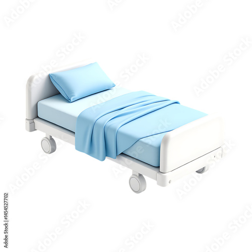 Clean, empty hospital bed with light blue sheets.