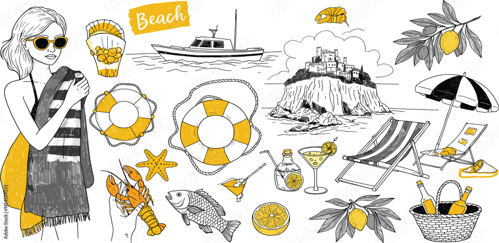 Italian summer vacation doodle style illustrations. Vector ink hand drawn Italy coast sea or beach print elements.