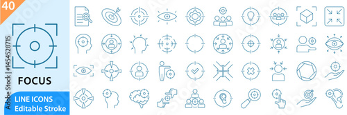 Focus line editable icon set. Line icons related to focus and concentration. Editable stroke. Vector illustration