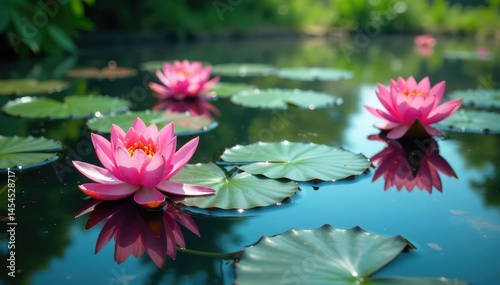 Water lilies forming a natural floral pattern across a still lake, plants, outdoors, design