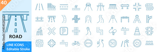 Set outline icons related to road infrastructure. Linear icon collection. Editable stroke. Vector illustration