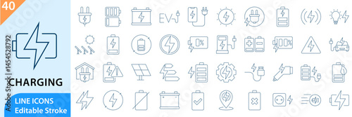 Electronic Charging, linear style icon set. Charging icon set. Containing charge, battery, energy, electricity etc. Vector illustration. Editable stroke.