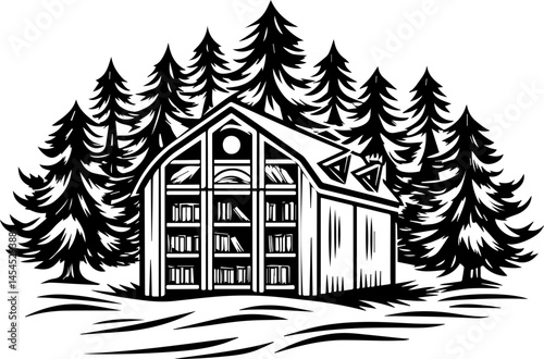 SVG design highlighting an eco-friendly lifestyle. Cozy Wooden Library Surrounded by Lush Evergreen Trees