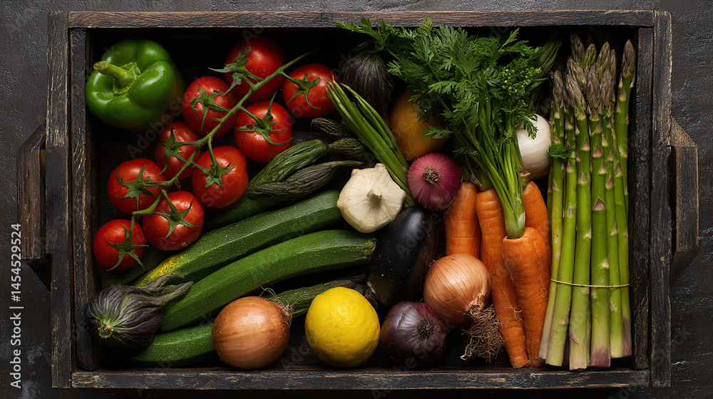 Assorted Fresh Vegetables in a Wooden Box