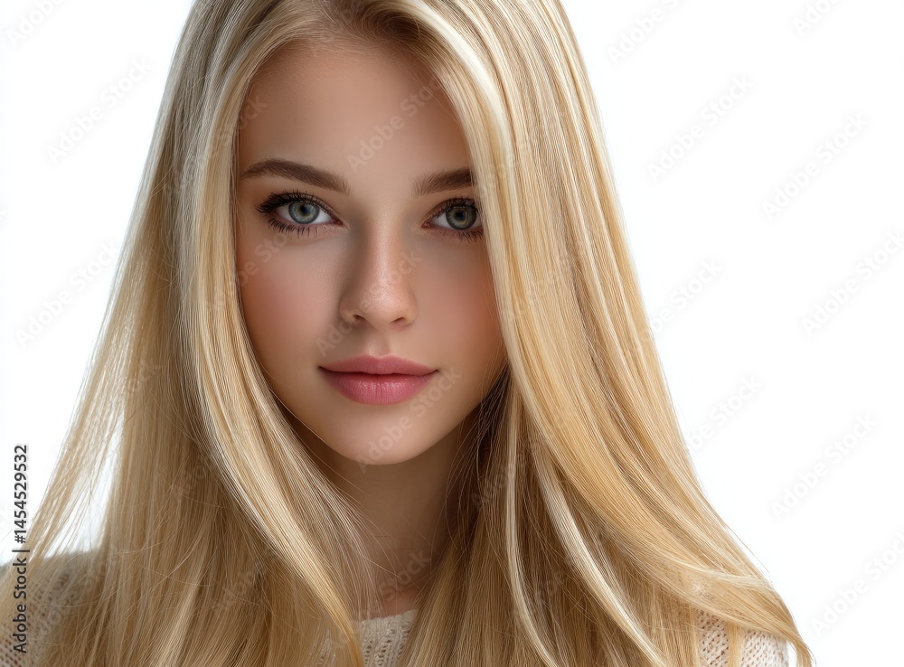 Fototapeta premium A beautiful blonde woman with long, straight, and shiny hair is facing the camera directly, posing for an advertising photo.