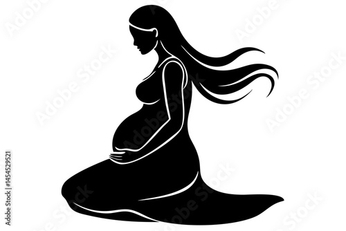 Silhouette of pregnant woman kneeling with long hair minimalist line art, pregnant, pregnancy, woman, kneeling, silhouette, vector, outline, line art, minimalist, maternity, mother, motherhood, expect