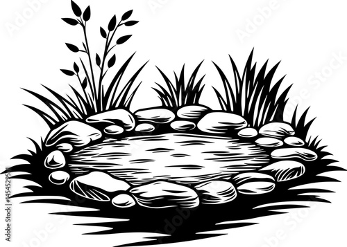 SVG design highlighting an eco-friendly lifestyle. Tranquil Garden Pond Surrounded by Rocks and Lush Greenery