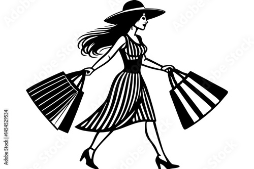 Silhouette of a woman walking in profile carrying shopping bags on white, silhouette, woman, walking, side profile, shopping, bags, carrying, female, person, vector, illustration, design, isolated