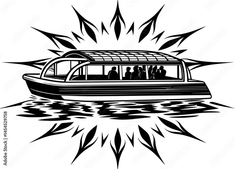 Fototapeta premium SVG design highlighting an eco-friendly lifestyle. Scenic Boat Tour on Water with Silhouettes of Passengers in Nature