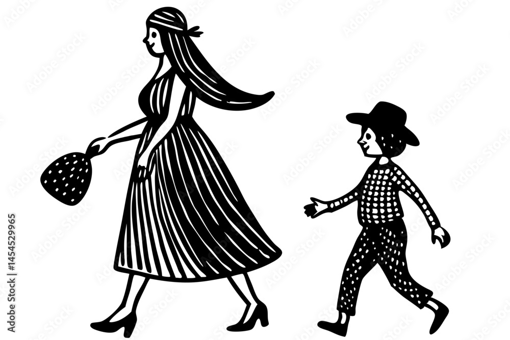 Fototapeta premium Silhouette of pregnant woman walking with child in white color on transparency, silhouette, woman, pregnant, child, walking, family, mother, parenting, motherhood, vector, illustration, design