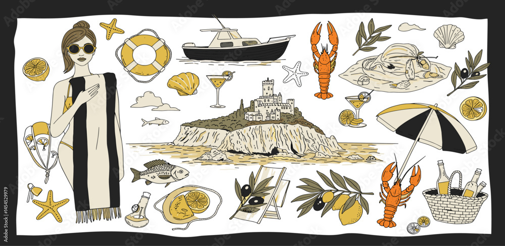 Italian summer vacation doodle style illustrations. Vector ink hand drawn Italy coast sea or beach print elements.