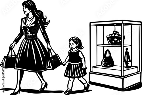 Silhouette of a woman and child shopping together, carrying shopping bags, silhouette, woman, child, shopping, shopping bags, bag, mother, family, consumerism, retail, walk, walking, parent, daughter