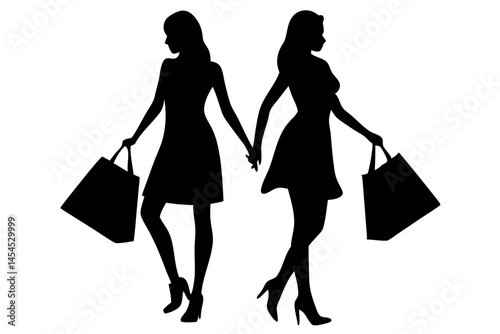 Black silhouette design of two women walking with shopping bags on white, silhouette, women, walking, shopping, bags, vector, design, illustration, retail, female, friendship, consumerism, shop