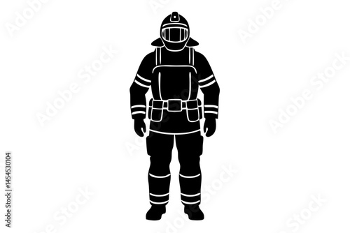 Firefighter silhouette standing confidently with hands on hips professional illustration, firefighter, fireman, silhouette, standing, hands on hips, confident, vector, profession, emergency, hero