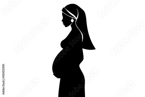 Elegant silhouette of pregnant woman in profile on white background design, pregnant woman silhouette, pregnancy, motherhood, family, vector, line art, profile, expecting, minimalist, health, prenatal