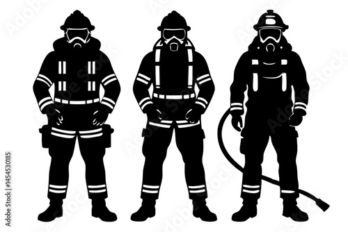 Silhouette of three firefighters with one standing ready for emergency response, firefighter, firemen, fireman, firefighters, vector, silhouette, group, emergency, hero, brave, equipment, uniform