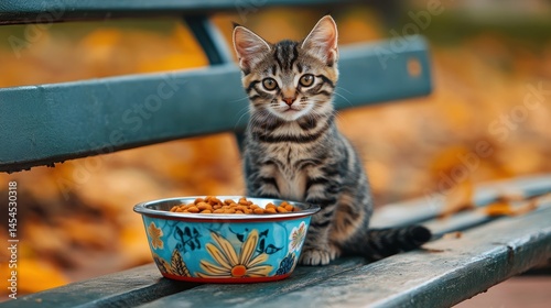 Cute kitten sitting on a park bench with a bowl of food