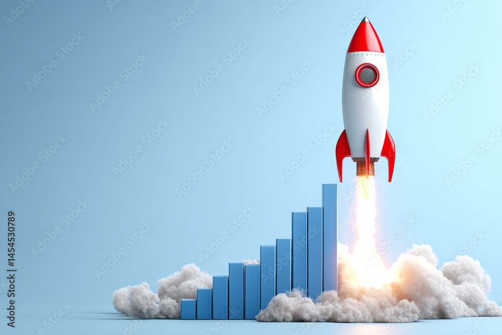 Rocket Launching Above Growing Bar Graph