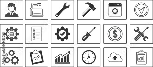 Business process, tools & support vector icon set for service & operations on a white background