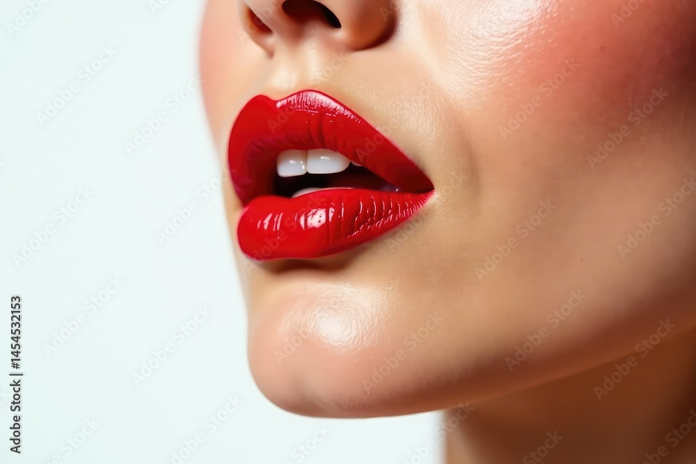 Fototapeta premium Close-up vibrant red lipstick, pristine white backdrop, vibrant, detail
