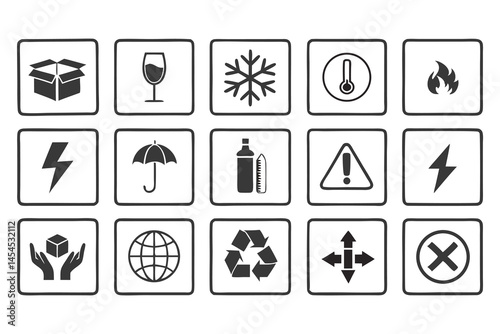Multipurpose icon set packaging, handling, safety, medical symbols  black & white line art on a white background