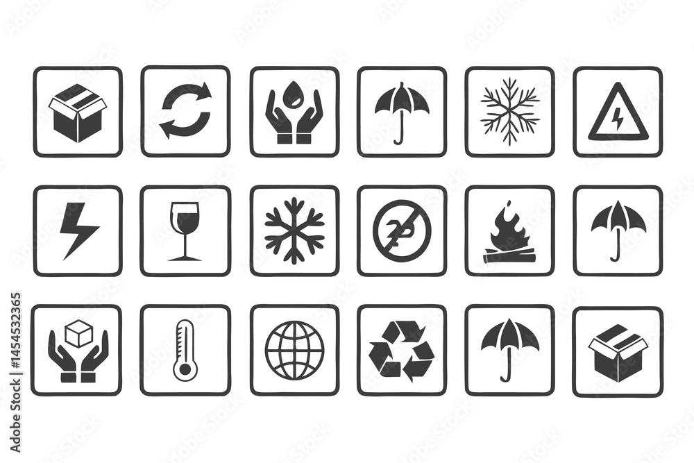 Packaging handling safety warning icon set black and white line art symbols on a white background Packaging handling safety warning icon set black and white line art symbols on a white background