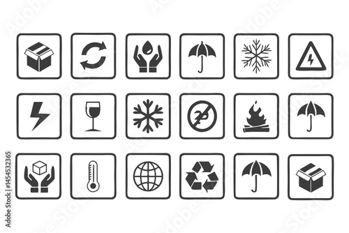 Packaging handling safety warning icon set black and white line art symbols on a white background