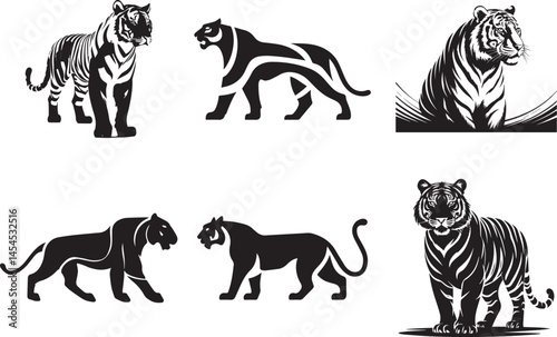 Tiger Silhouettes A Collection of Tiger Silhouettes Black and White Illustrations