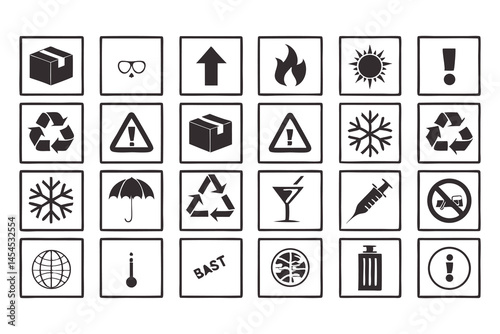 Packaging handling safety warning icon set black and white line art symbols on a white background