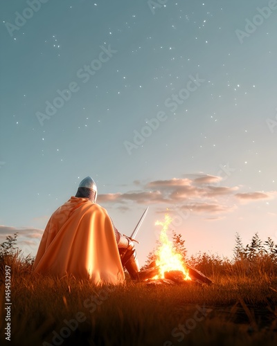 A lone knight in orange cloak rests by a campfire under a twilight sky, his sword beside him