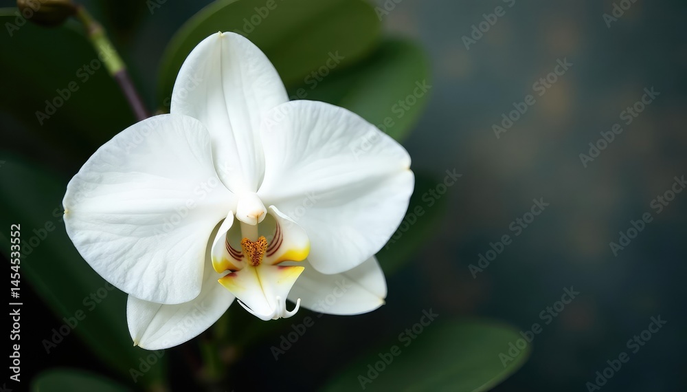 Fototapeta premium Delicate white orchid blossom on pure white backdrop, background, aesthetic, natural