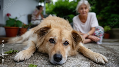 Elderly woman and woman relaxing outdoors with adorable dog lying on patio floor, lush green garden background photo