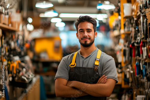 Confident hardware store manager smiling with arms crossed