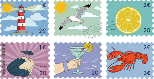 Sticker with lemon, seagull, lobster and lighthouse. Vintage stamp print, wall art vector travel postcard, summer engraving emblem