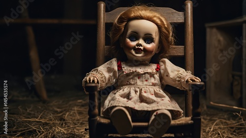  Creepy doll with red hair sitting in a chair in a dark attic photo