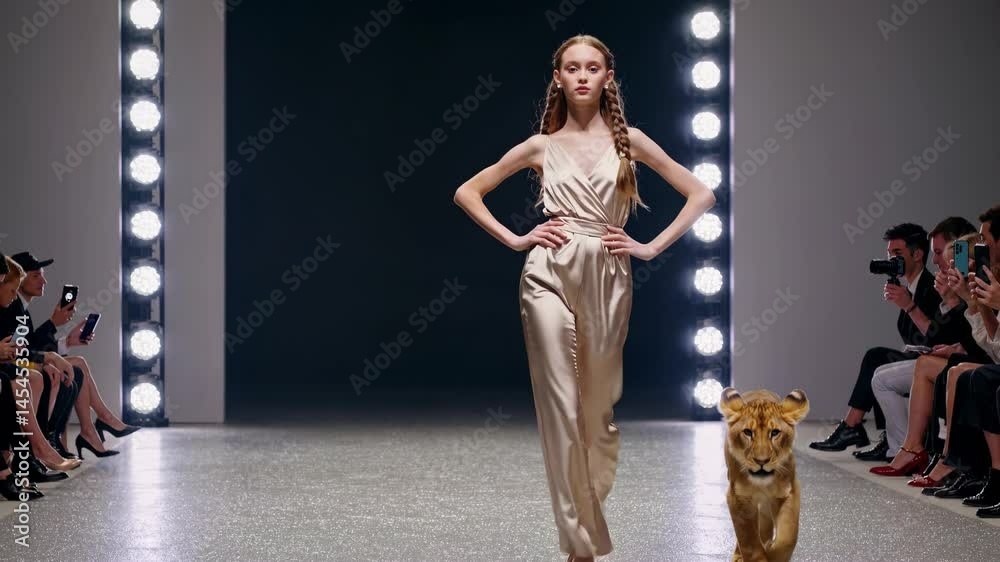 Confident fashion model walking runway in stylish jumpsuit, accompanied by lion cub, capturing photographers' attention during high fashion presentation