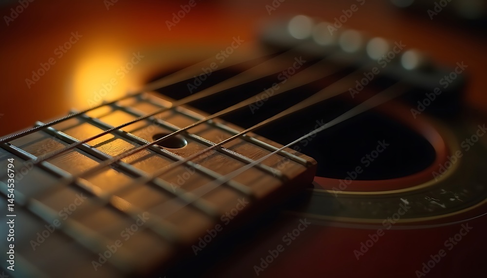 Fototapeta premium Acoustic Guitar Strings and Fretboard in Warm Light, Music Instrument