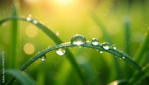 Gentle dew drop clinging to blade of grass in morning sunlight
