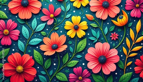 Bold, colorful floral textile pattern, vibrant hues, leaf, trendy