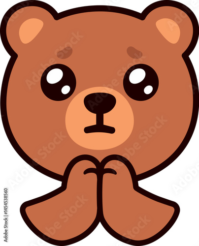 Cute cartoon pleading bear face drawing. Funny character looking up with folded hands, simple hand drawn vector illustration.
