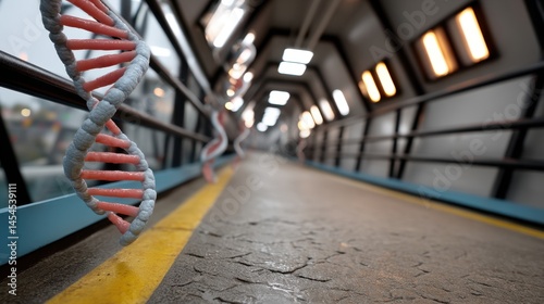 Close-up of DNA double helix model on futuristic corridor with glowing lights and textured floor photo