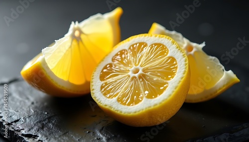 Radiant lemon halves on a dark surface evoke refreshing simplicity