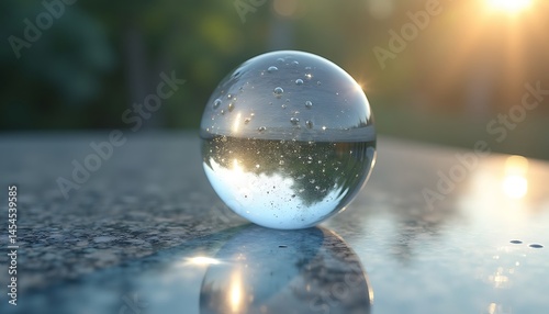 Crystal sphere reflecting sunset and green foliage creating a whimsical scene