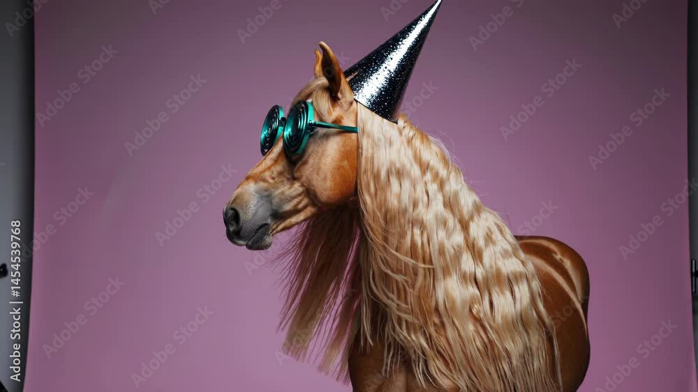 Spiraled party glasses adorning luxurious palomino horse head, dramatically shaking golden mane against vibrant pink studio backdrop, exuding playful whimsical personality