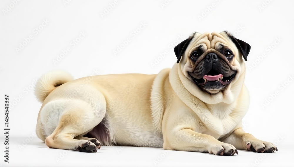Playful pug lying down, isolated on pure white, fluffy, white background Playful pug lying down, isolated on pure white, fluffy, white background