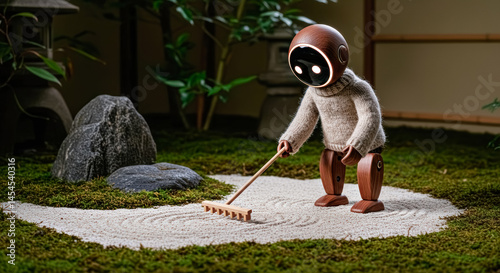 Wooden eco robot cultivates a natural garden space in a serene setting