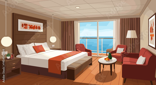 Modern hotel room on a cruise ship with stylish decor
